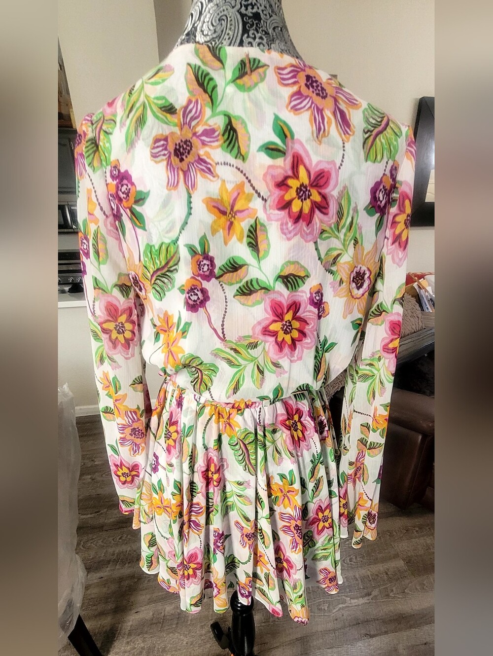 Misa Los Angeles White Floral Faux Wrap Mini Dress with Pink and Yellow Blooms - Picture 4 of 9